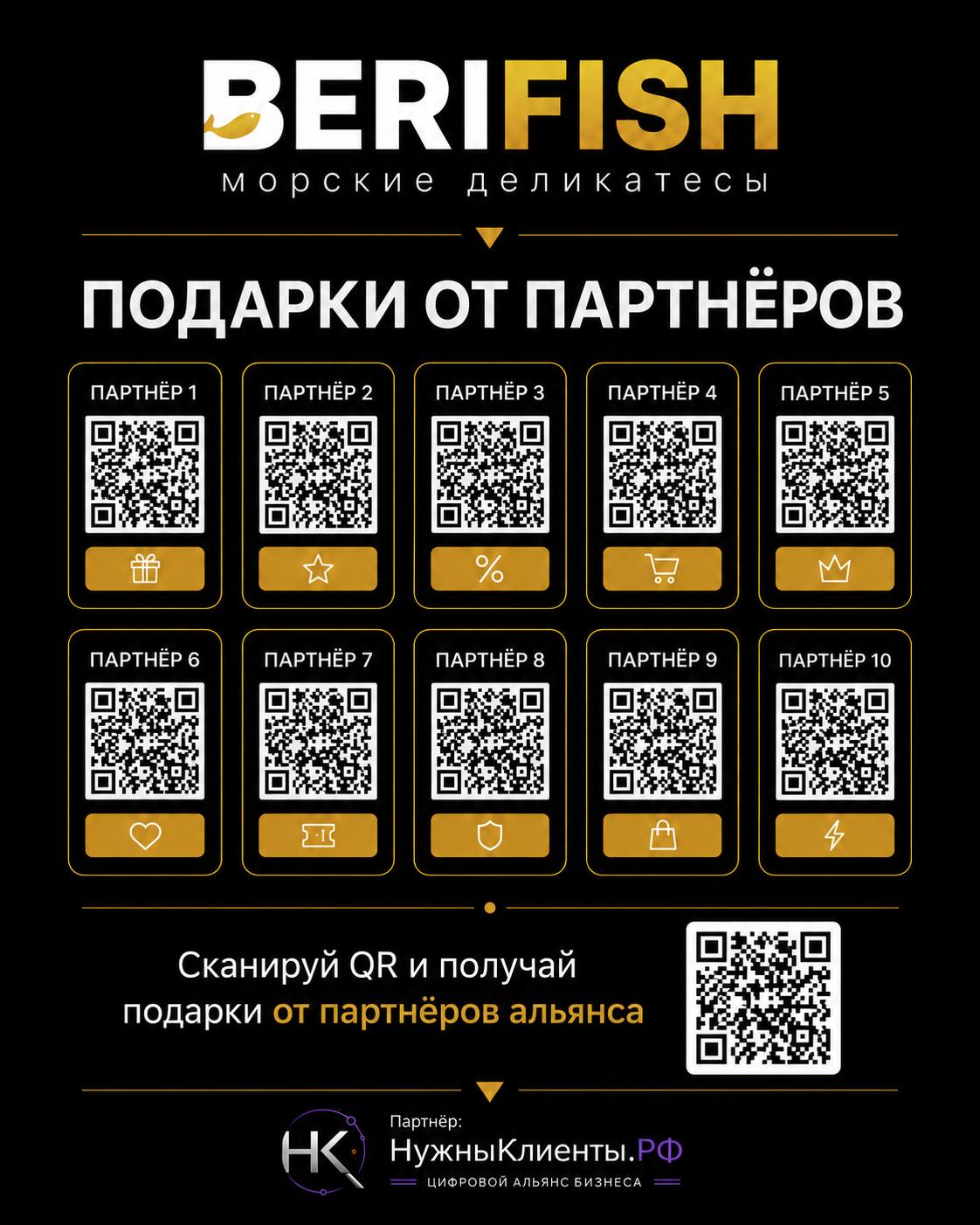 BERIFISH: макет партнёрских подарков с 10 QR.